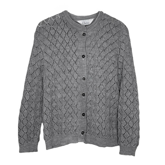 Vintage Crochet Open Knit Crewneck Cardigan Sweater in Gray Size L - Picture 1 of 6